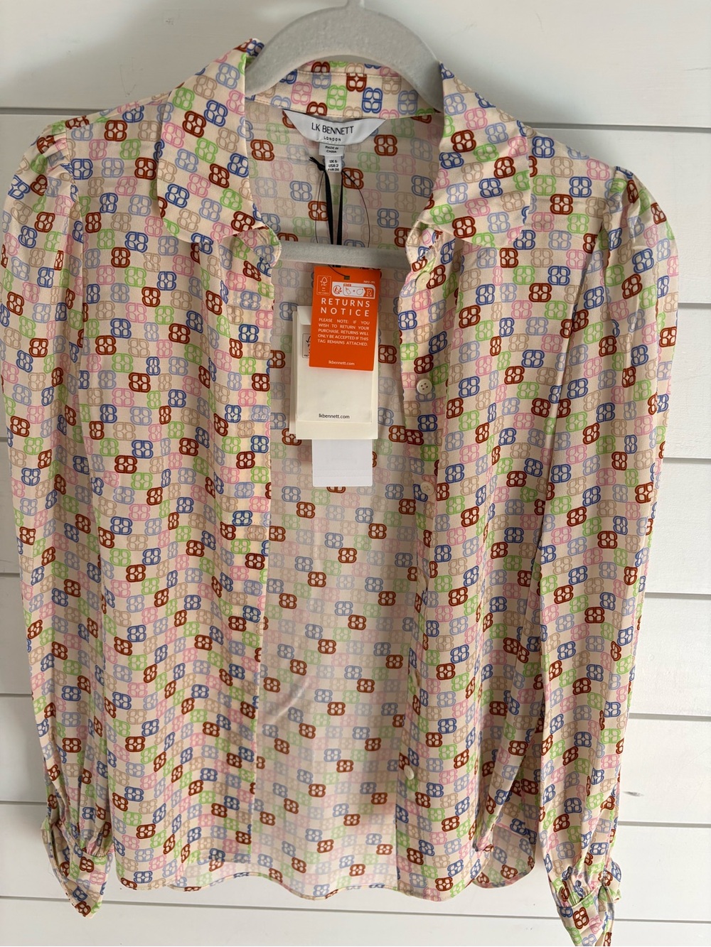 LK Bennett Multicolor Silk  Motif Button-Down Shirt - Cream, Red, Blue, Green
